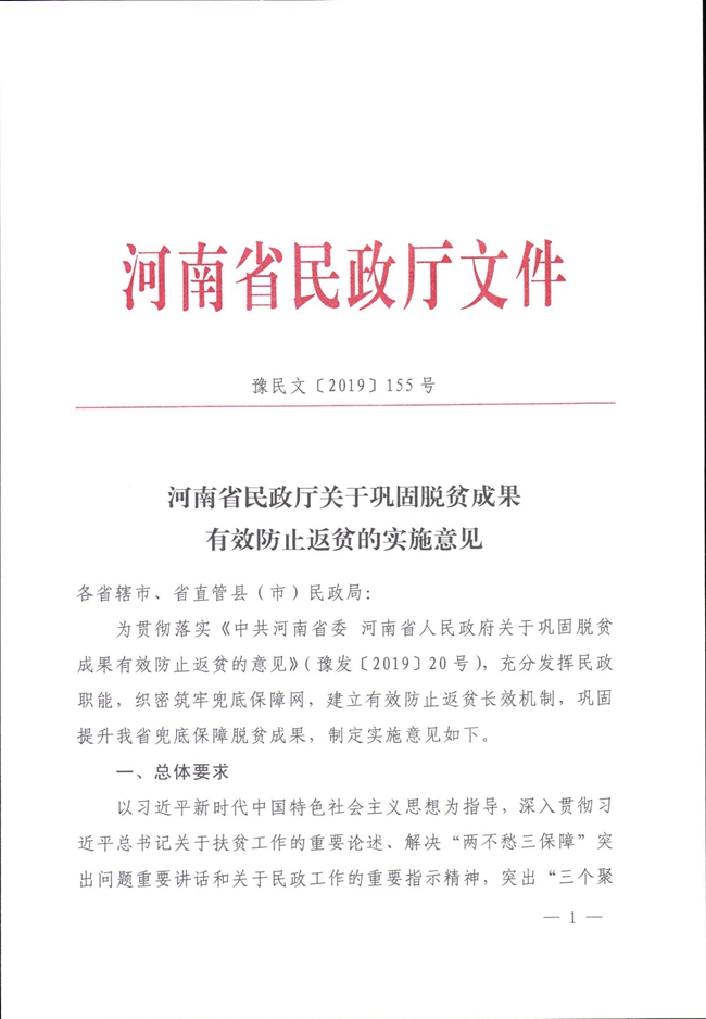 河南省民政厅关于巩固脱贫成果有效防止返贫的实施意见_00001